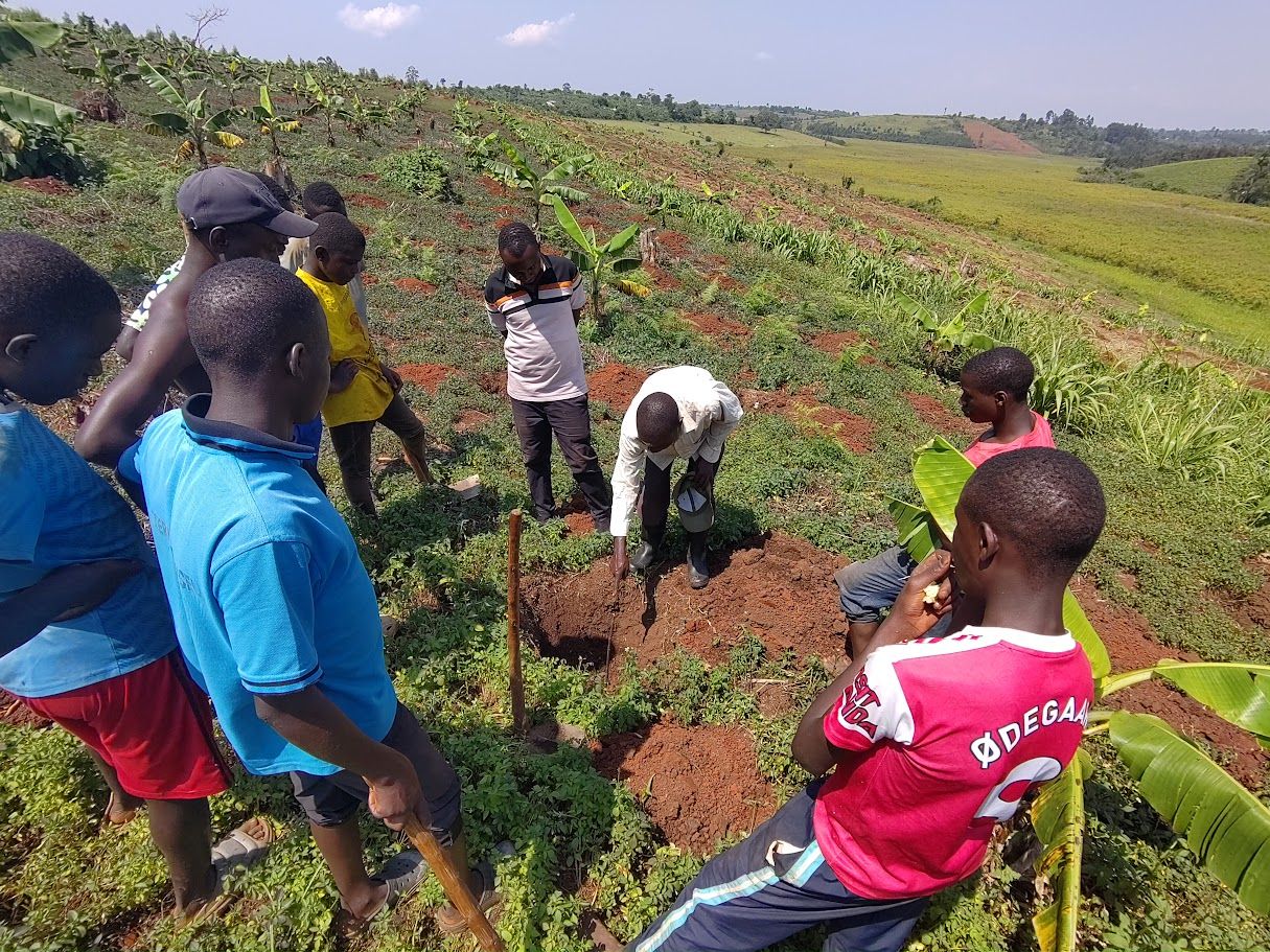 Workers laying out planting lines on a slope